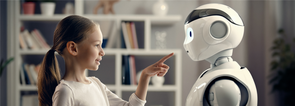 meisje en een robot die naar elkaar kijken